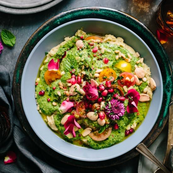 Roasted Cauli Hummus and Kale Pesto