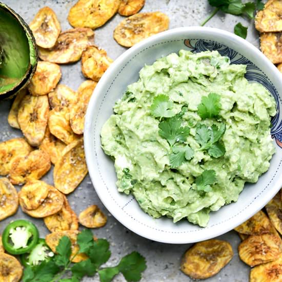 Spicy Guacamole with Plantain Chips