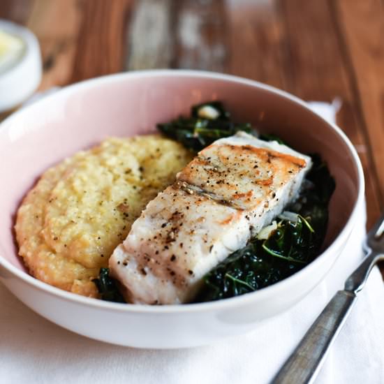 Fish w/ Creamy Polenta + Kale