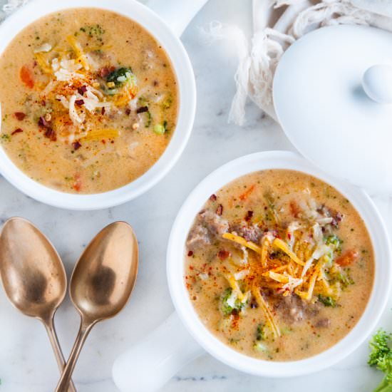 Spicy Broccoli, Cheddar, Sausage Soup