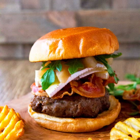 Brie, Pancetta, Poached Pear Burger