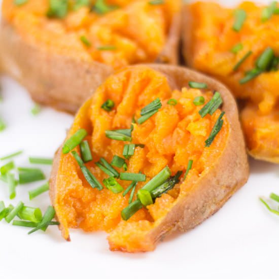 Smashed Garlic Sweet Potatoes