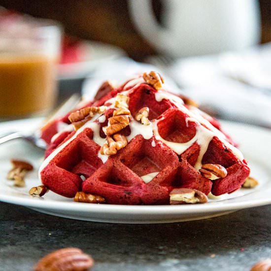 Red Velvet Waffles with Glaze