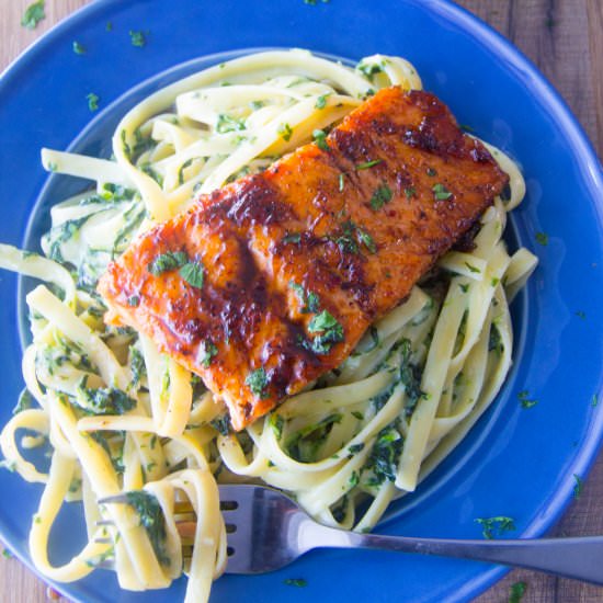 Jerk Salmon Fettuccine Alfredo