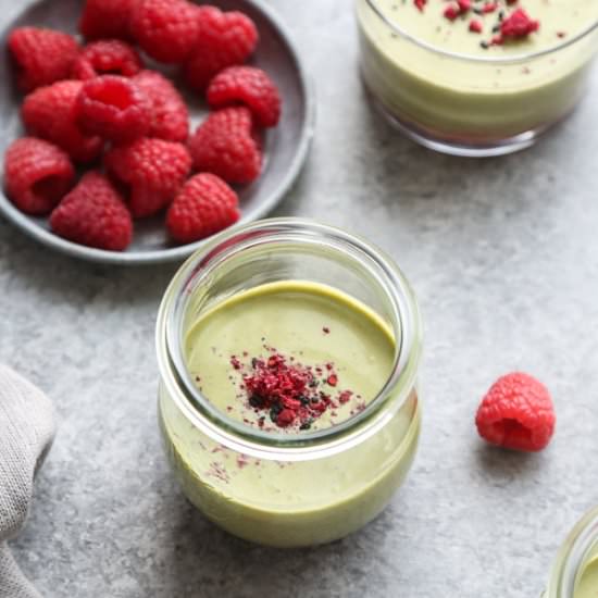 Matcha Panna Cotta with Raspberries