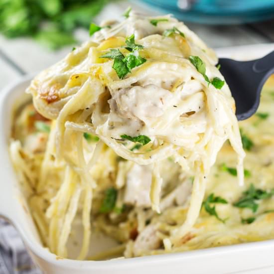 Cheesy Chicken Spaghetti Bake