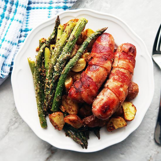Bacon-Wrapped Sausages with Veggies