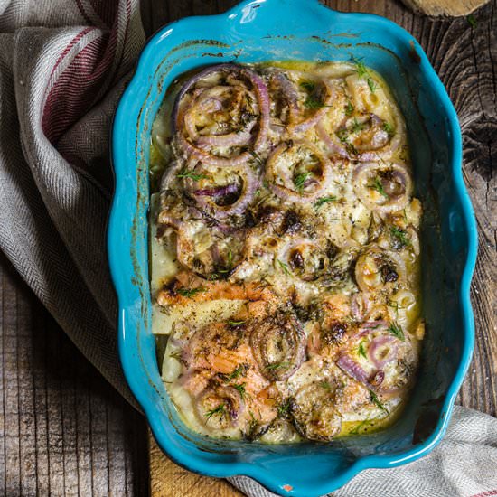 Celery Root & Smoked Salmon Gratin