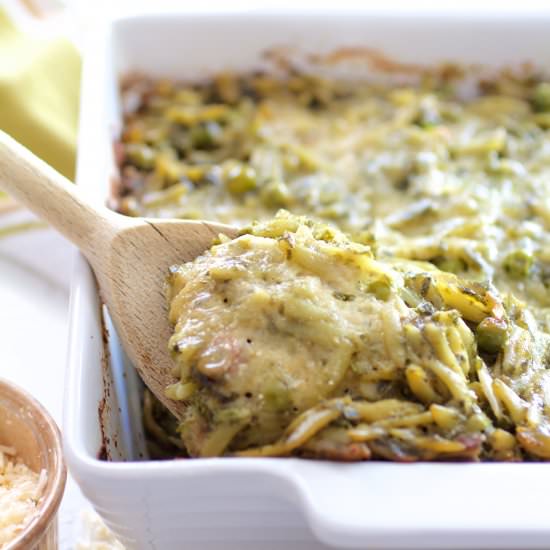 Baked Orzo w/ Pesto, Peas, and Prosciutto