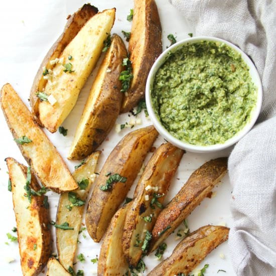 Baked Potato Wedges w/ Pesto Hummus
