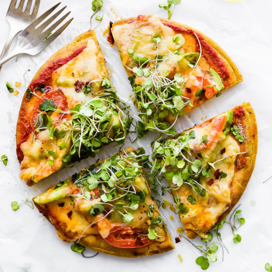 Avocado Gouda Tomato Socca Pizza