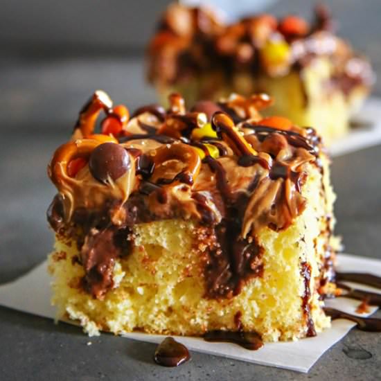 Peanut Butter Pretzel Poke Cake