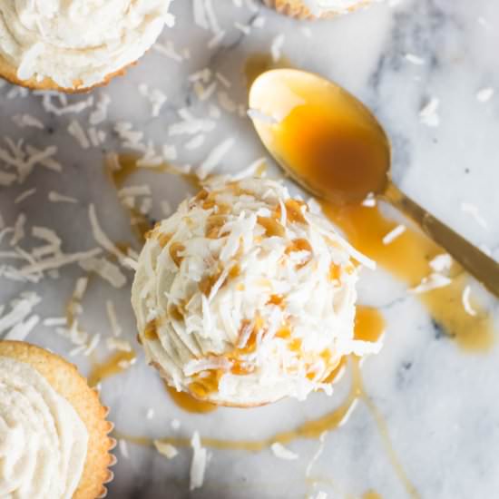caramel-frosted coconut cupcakes