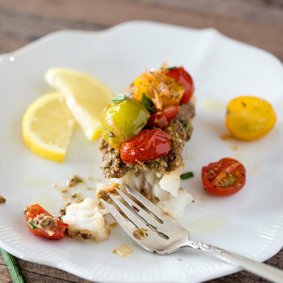 Baked Cod, Tapenade, and Tomato Salad