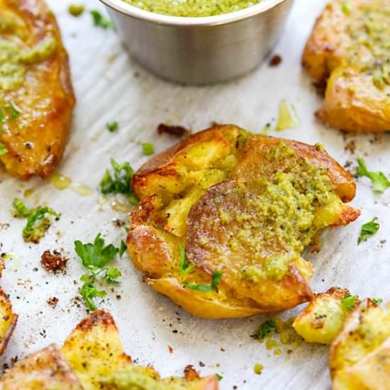 Garlic Pesto Smashed Potatoes