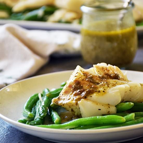 Poached Cod with Pesto Wine Sauce