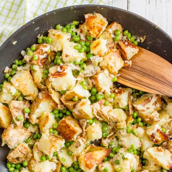 One pan cheesy potatoes and peas