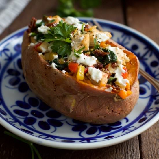 Goat Cheese Chicken Stuffed Sweet Potatoes