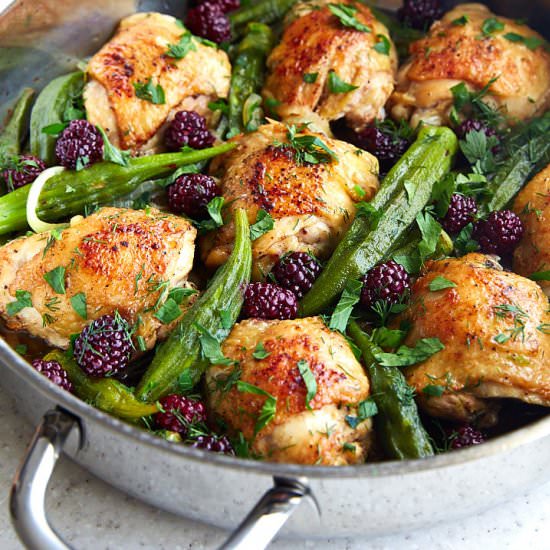 Chicken Thighs w/ Okra and Blackberries