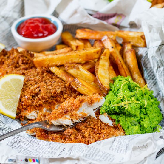 Baked fish, chips & lemon peas