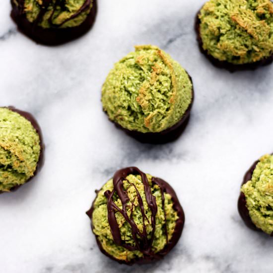 Chocolate Dipped Matcha Macaroons