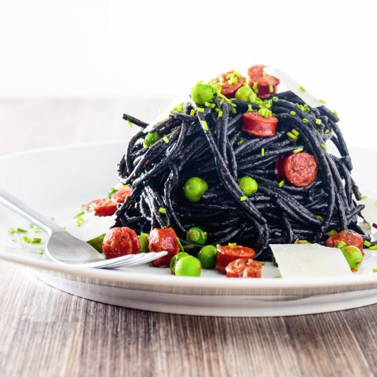Squid Ink Spaghetti with Pepperoni