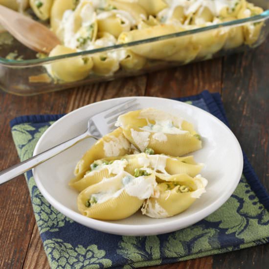 Stuffed Shells w/ Peas and Burrata