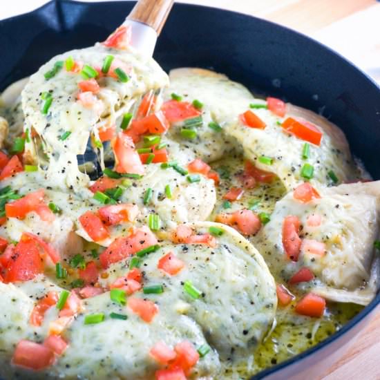 Creamy Pesto Pierogies Skillet