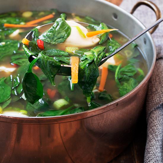 Pork Dumpling and Spinach Soup