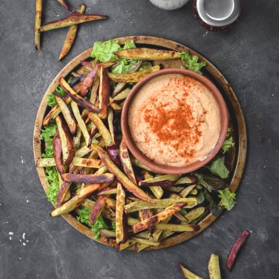 Baked Yam Fries with Sriracha Hummu