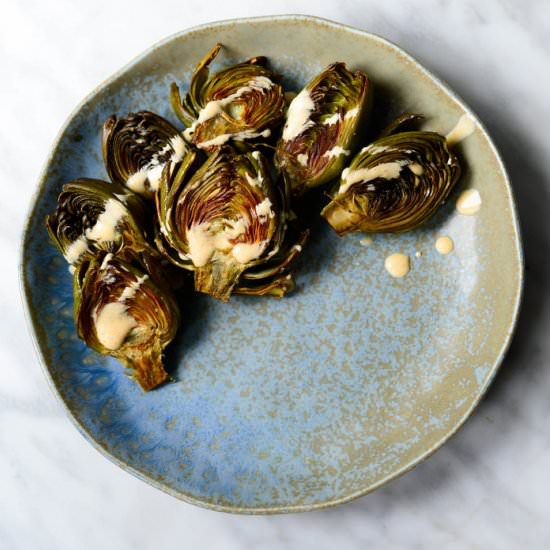 Roasted artichokes curried yogurt
