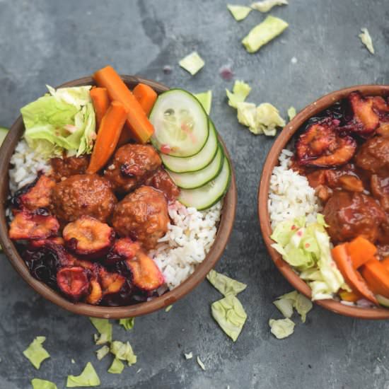 Roasted Plum BBQ Chicken Bowls