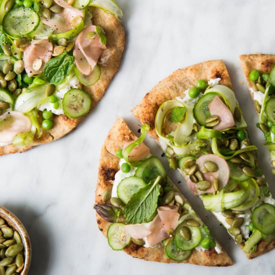 Spring naan and burrata flatbread