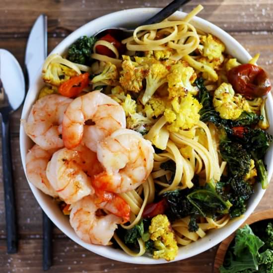Cauliflower, Shrimp + Kale Pasta