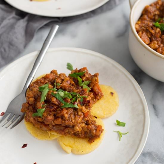Polenta Cakes with Tempeh Bolognese