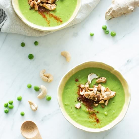 Green Peas Soup with Spiced Cashews