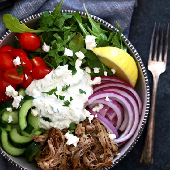 Slow Cooker Pulled Pork Gyro Bowls