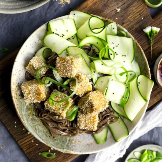 Sticky tofu with soba noodles