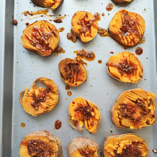 Buttery Cheesy Smashed Sweet Potato
