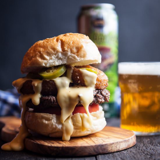 Beer Cheese Burger with Onion Rings