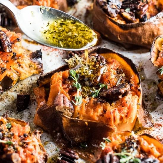 Herb + Garlic Smash Sweet Potatoes