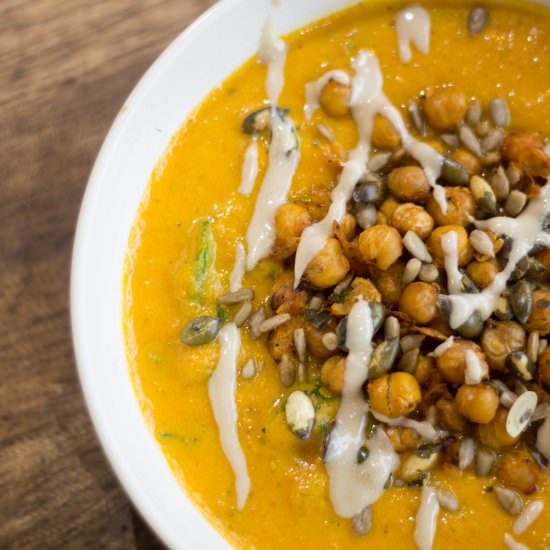 Carrot soup with roasted chickpeas