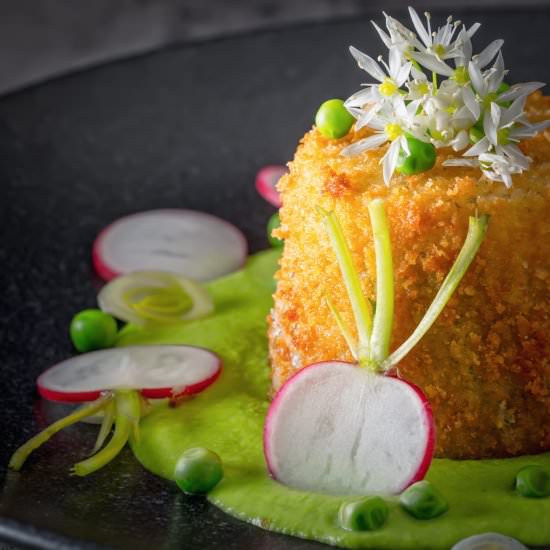 Fried Goats Cheese with Pea Puree