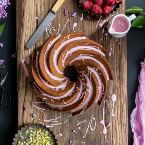 Lemon bundt cake with pink icing