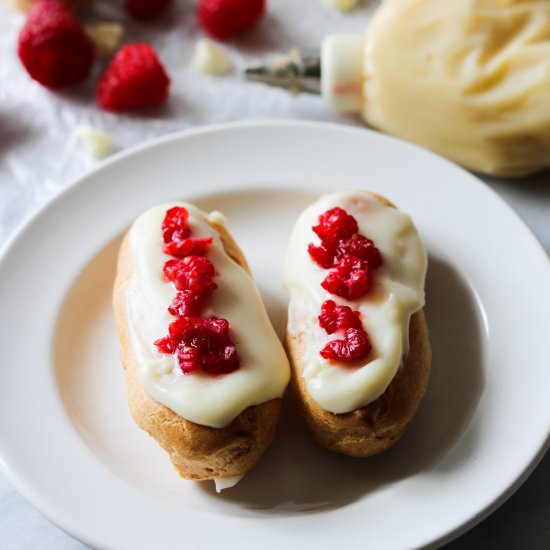 White chocolate raspberry eclairs