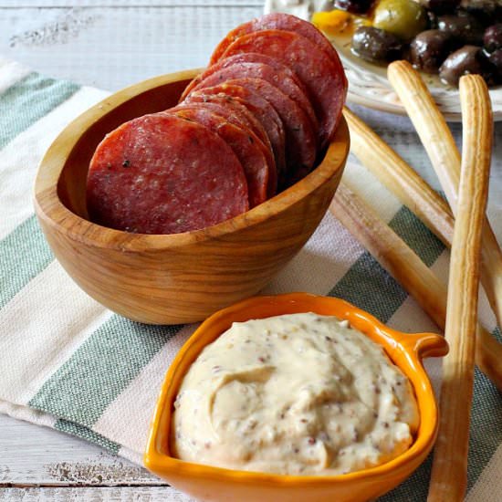 Salami Chips with Grainy Mustard