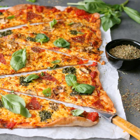 Thin crust spelt flour pizza