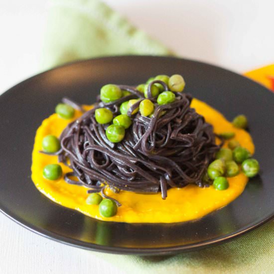 Black rice spaghetti with saffron