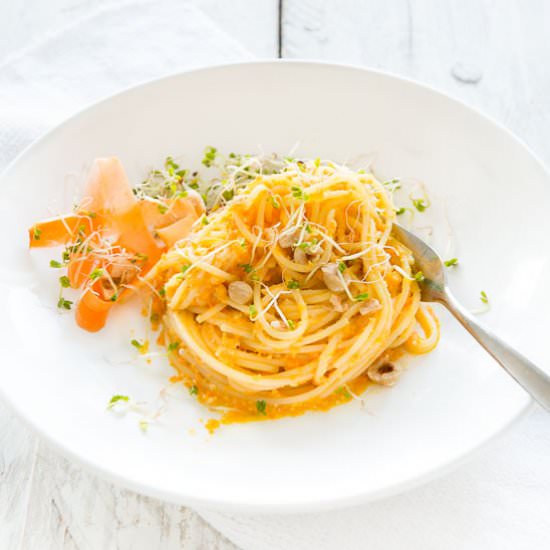 Spaghetti with Carrot Hazelnut Pesto