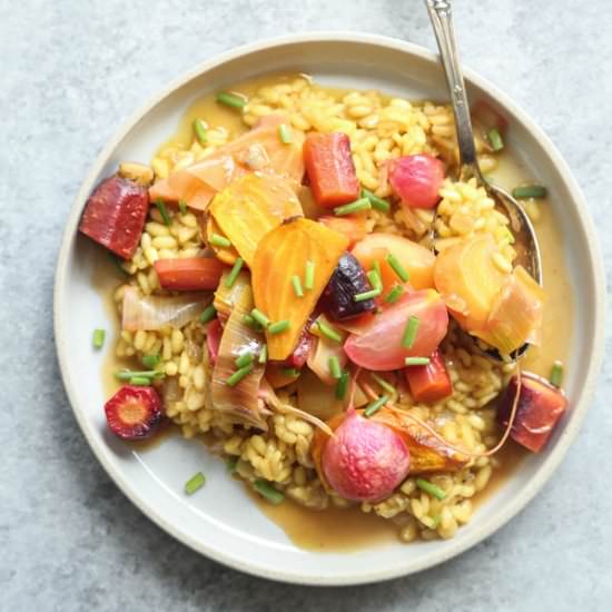 Saffron Risotto with Lemony Braised Vegetables